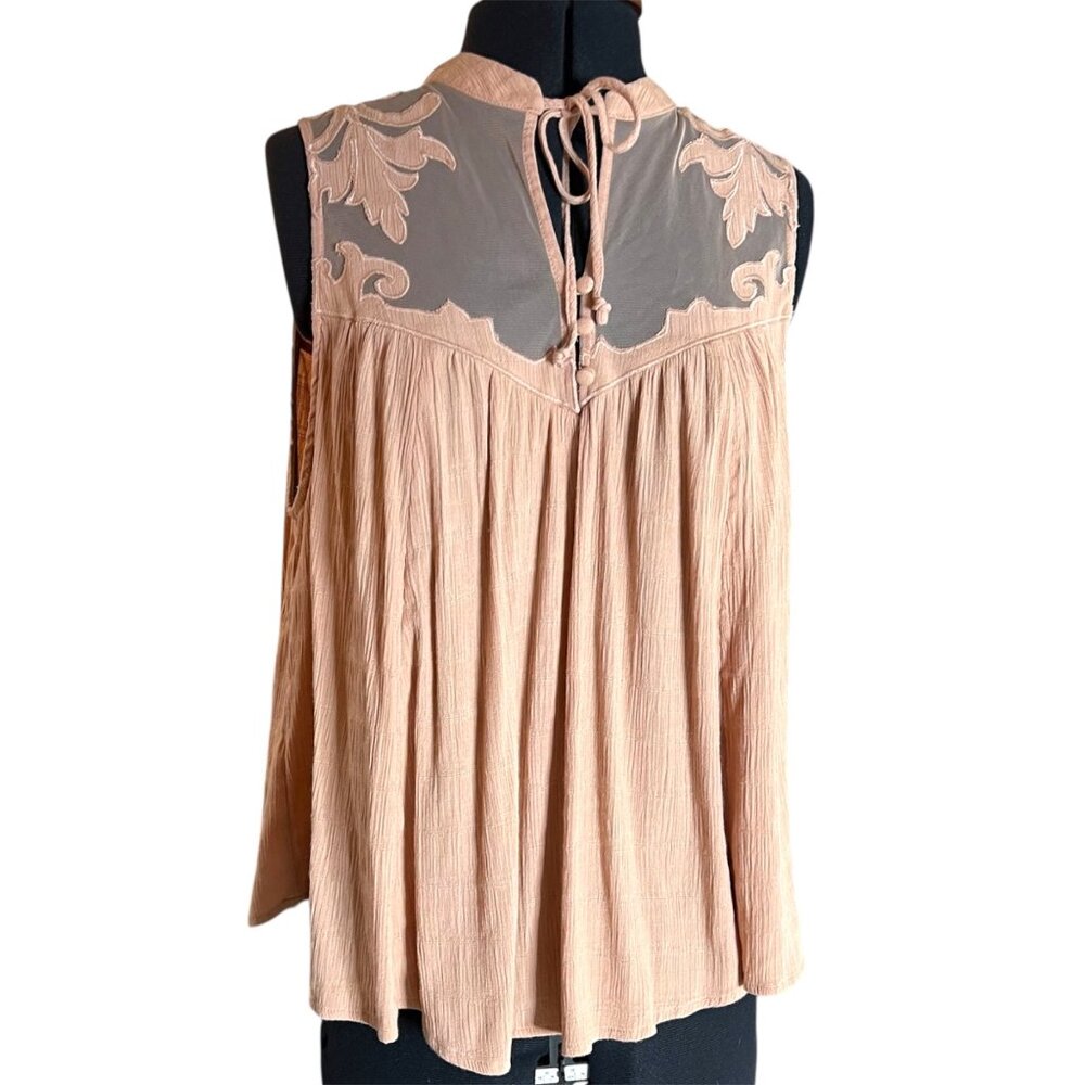Free People Peach Sleeveless Sheer Embroidered High Neck Top L